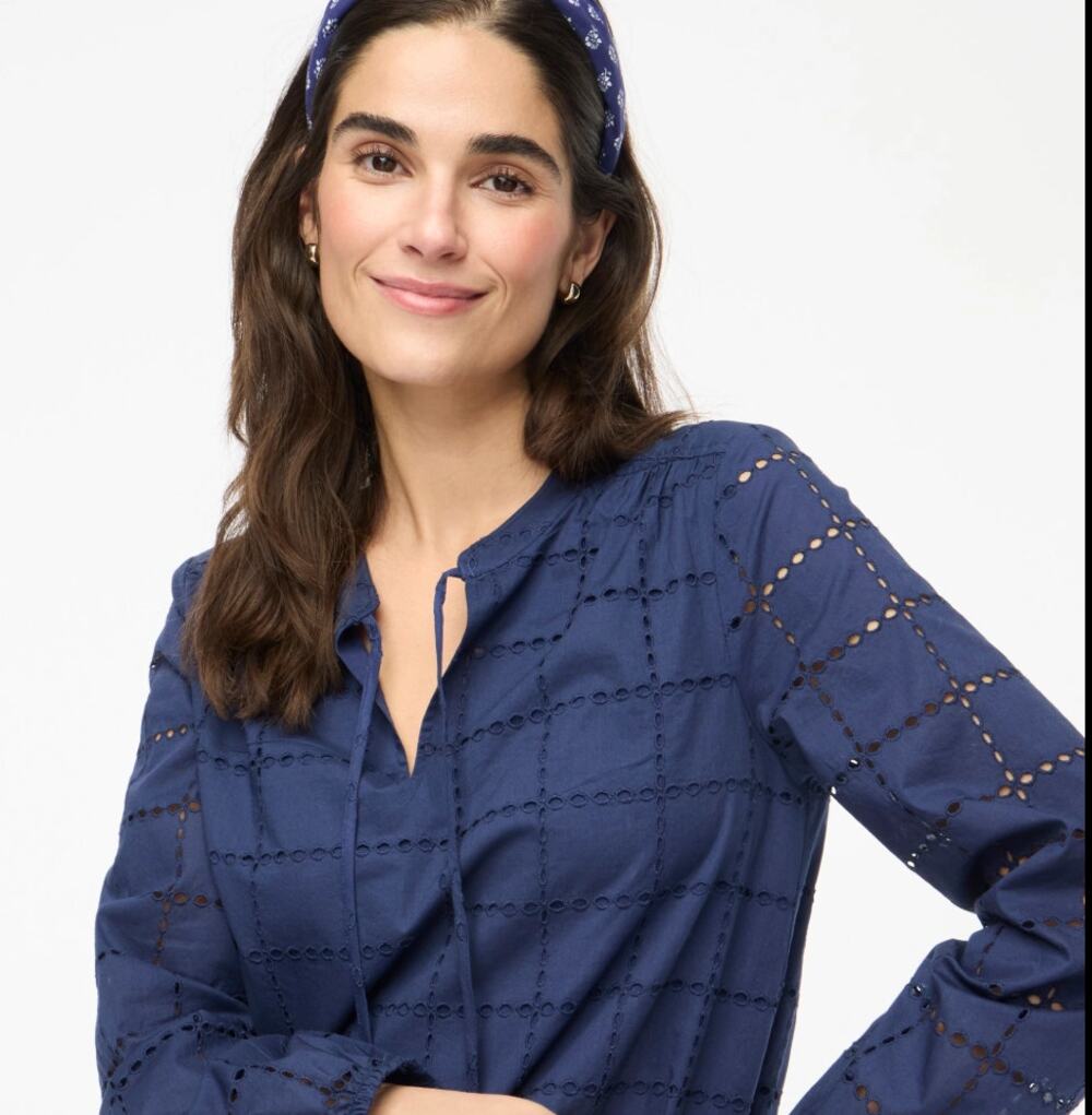 J Crew Eyelet Tie Neck Top M NWT Navy Blue Blouse Shirt CI312 J.Crew Coastal
